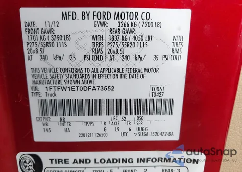 2013 Ford F-150 Lariat из США, поврежденный, VIN 1FTFW1ET0DFA73552